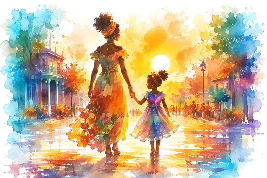 Mother and daughter walking at sunset, watercolor illustration