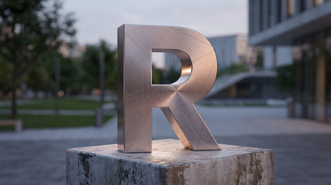 3D Brushed Metal Letter R on Concrete Pedestal in Modern Urban Park