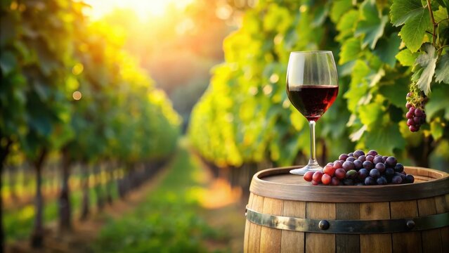 A glass of rich red wine sits elegantly on a weathered wooden barrel in a lush vineyard setting surrounded by mature green grapevines and trees , landscape, barrel