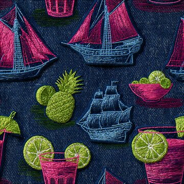 Retro hand drawn seamless pattern background with magenta sailing ships and tropical cocktails on indigo denim texture
