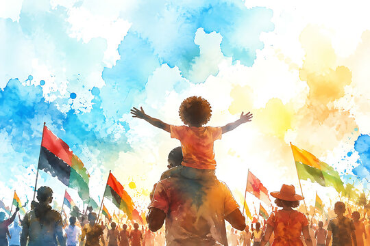 Child on parent's shoulders at parade, watercolor illustration