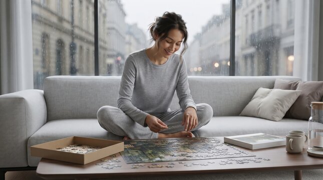 Young woman enjoying a cozy afternoon assembling a jigsaw puzzle at home