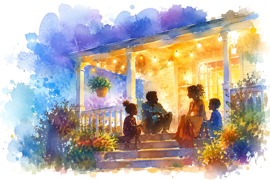 Front porch with string lights at blue hour, watercolor illustration