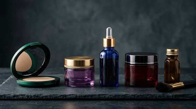 Set of luxury skincare cosmetic bottles and jars on a dark textured background. jewel tone makeup containers
