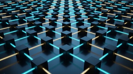 Fototapeta premium 3D Perspective Grid Of Dark Cubic Nodes Connected By Glowing Fiber Optic Lines