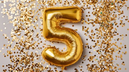 Naklejka premium A gold balloon in the shape of the number five surrounded by confetti on a white background