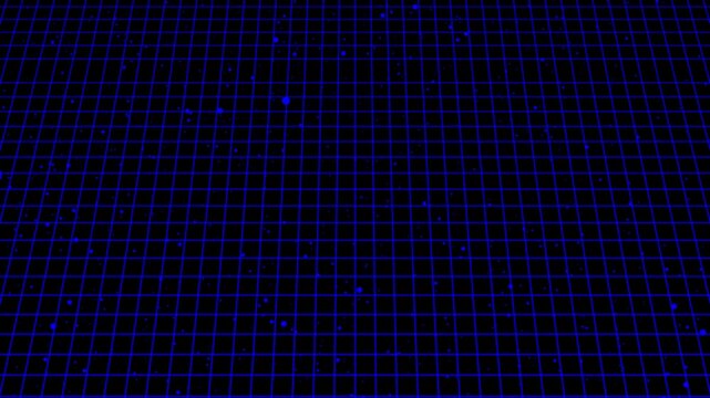 Blue grid lines animation overlays dark space with small glowing dots. Cyberspace matrix perspective routes along these blue grid lines. Modern abstract technology motion fills the blue grid lines.