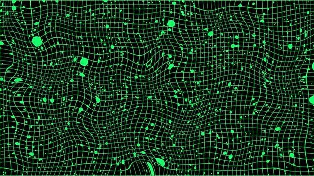 Warped green grid animation displays dynamic paint splatter marks. Abstract distorted cyber mesh surfaces move along the warped green grid. Grunge digital visual effects fill this warped green grid.