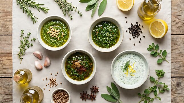 Bowls of fresh green pesto sauce and yogurt dip with herbs and spices on a light stone table. marinade variations