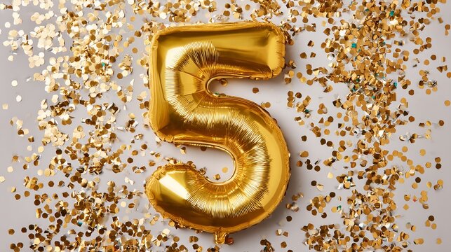 A gold balloon in the shape of the number five surrounded by confetti on a white background