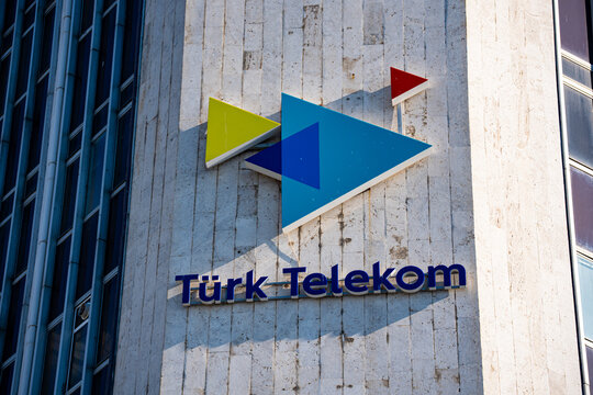 Close up of Turk Telekom logo on office building. Izmir, Turkiye - August 18, 2026.