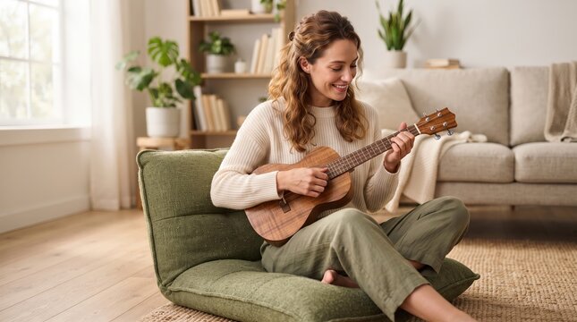 Young woman playing ukulele in a cozy living room setting