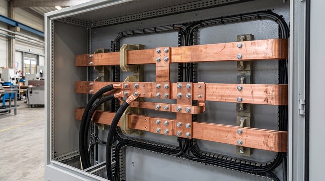 Electrical copper busbars inside industrial power distribution control cabinet.