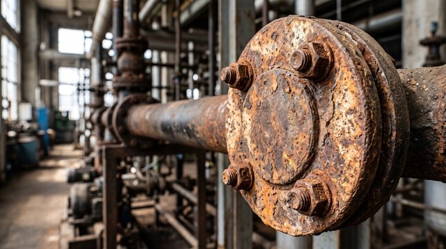 Rusty industrial pipes in a vintage abandoned factory setting.