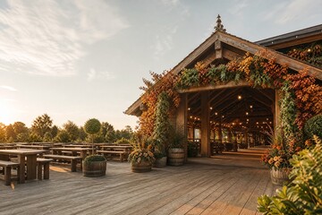 Fototapeta premium Rustic outdoor beer garden terrace decorated for autumn Oktoberfest.