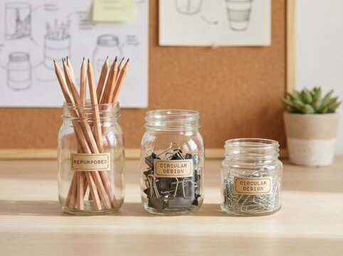 repurposed glass jars Three labeled jars holding pencils, clips, and paperclips on desk