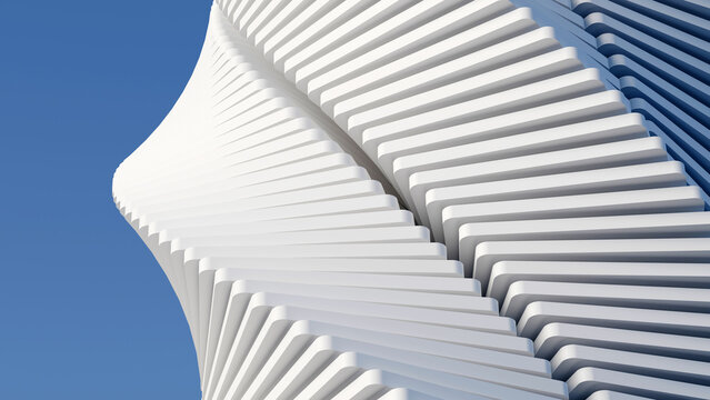 Futuristic modern white twisting architecture against blue sky background, ideal for technology presentations, corporate banners, cover designs, and real estate concept web headers
