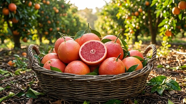 A basket full of freshly picked blood oranges in an orchard during harvest season.
