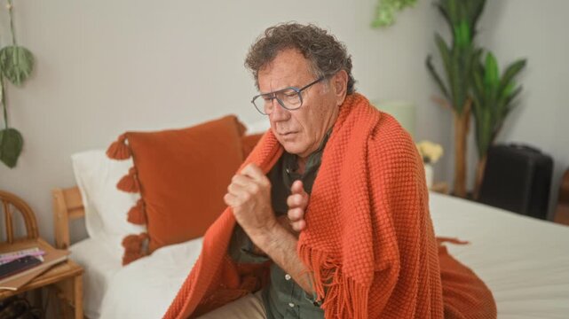 Man wrapped in orange blanket sits on bed clutching chest and holding blanket in building; vulnerability cold.