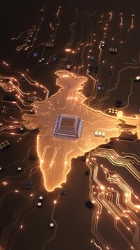 Processor sits glowing India map integrated golden circuit board components. semiconductor industry Indian chip design, electronics manufacturing, digital infrastructure, innovation presentations.