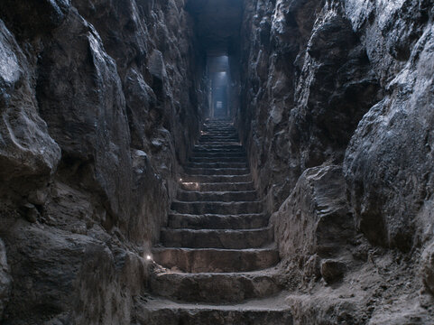 Deep underground stone stairway extends far into shadow, flanked by rough dark rock walls with tiny warm lights lining ancient steps.