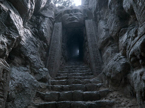 Deep underground stone stairway extends far into shadow, flanked by rough dark rock walls with tiny warm lights lining ancient steps.