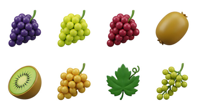 Set of isolated fresh grapes and kiwi fruit icons on a white background