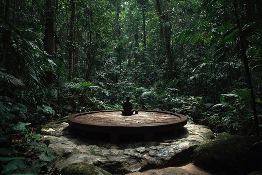 peaceful meditation platform in the middle of rainforest