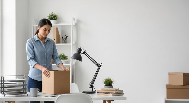 Professional organizer packing a cardboard box in a tidy office space