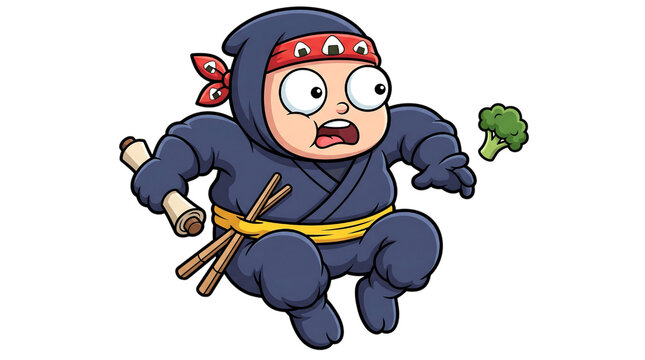 Funny little ninja character jumping in the air and throwing a piece of green broccoli vegetable