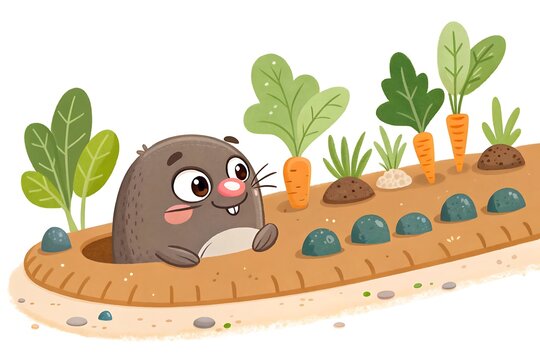 Cute cartoon mole digging in a vegetable garden