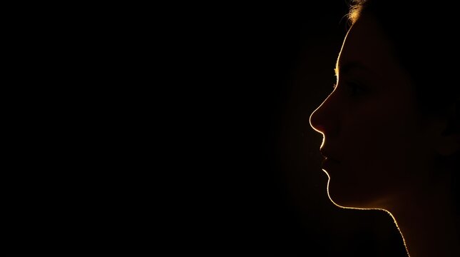 Profile Silhouette of Young Woman Highlighted by Warm Rim Light on Black Background