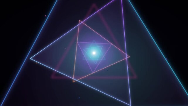 Abstract Neon Triangle Tunnel with Glowing Geometric Shapes and Retro Futuristic Sci-Fi Synthwave Aesthetic Background Design