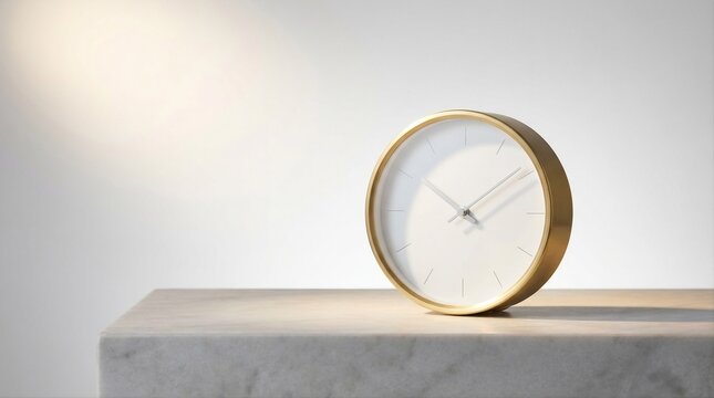 Minimalist gold round clock sitting on a textured stone pedestal with wall clock minimalist design interior decor textured surface modern design home decor time management clock face timepiece