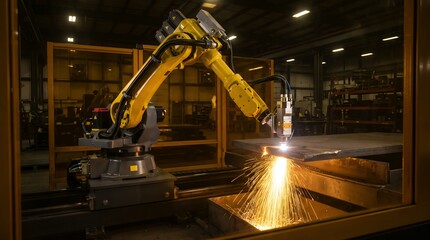 Fototapeta premium Heavy industrial articulated robotic arm operating high power fiber laser cutting head on thick structural steel sheet in safety enclosure for precision modern metal fabrication commercial brochure