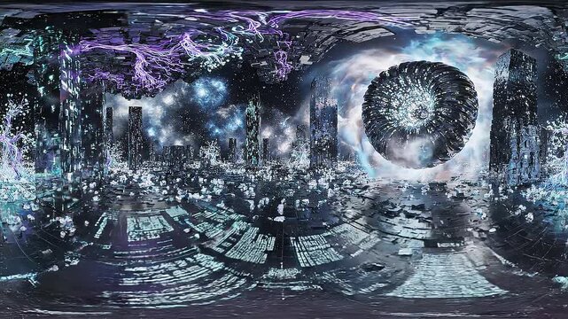 Futuristic 360-Degree Cybernetic Cityscape with Quantum Portal or Virtual Reality 360&deg; Quantum Cyber Universe and Digital City Matrix Simulation