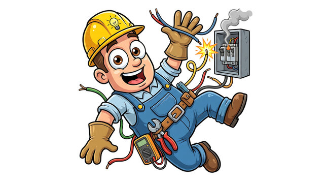 Cartoon electrician getting an electric shock while working on a wall outlet at a building site