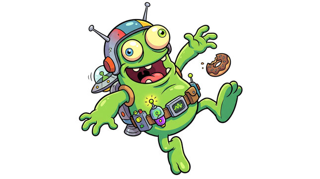 Funny green alien monster character wearing a helmet and space gear having a joyful adventure