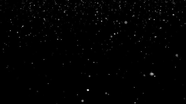 Snow falling on black background, christmas snow winter holiday alpha channel 4k video. isolated falling realistic snowflake on chroma key. abstract Christmas holiday effect