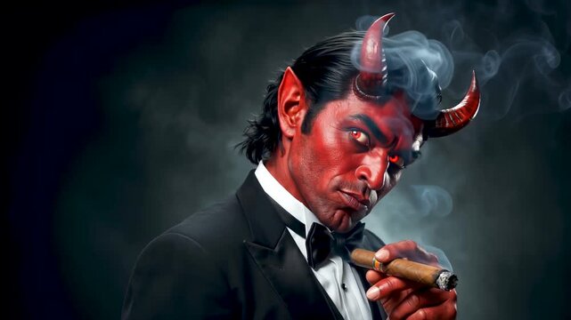 Charismatic red devil in elegant black tuxedo smoking a cigar with mysterious smoke background