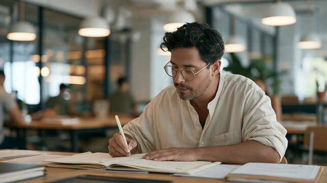 Man with round glasses methodically sorting a freelancer tax portfolio including quarterly estimated payment receipts, contractor agreement copies, and deductible expense
