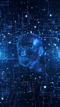 blue digital human head mesh glowing nodes appears circuit lines binary digits. artificial intelligence explainers, machine learning presentations and technology stories exploring neural computation.