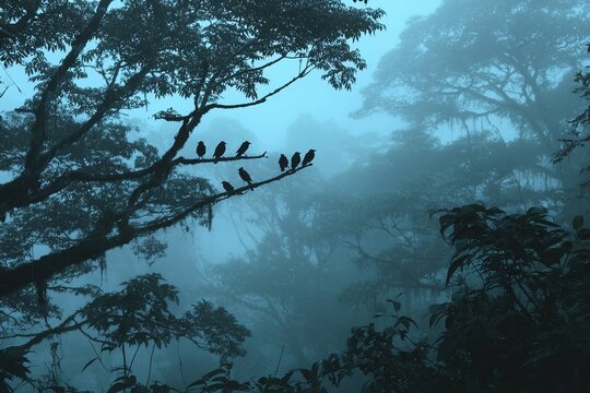 rainforest in early morning fog, silhouettes of birds