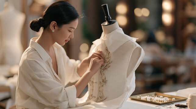 Filipino seamstress stitching final embroidered accents onto a traditional barong tagalog garment draped on a dress form, tissue paper pinned around the collar, a tray of small