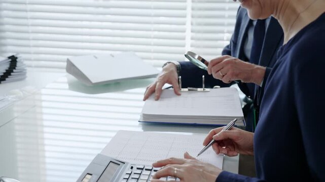 Professional auditors and accountants reviewing financial documents, discussing data, calculating taxes and expenses during an important business audit meeting