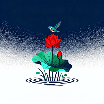 Kingfisher Resting On Bright Red Lotus Above Water