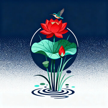 Kingfisher Resting On Bright Red Lotus Above Water
