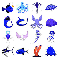 Fototapeta premium Weird Deep Sea Creatures Colorful Vector Icon Set