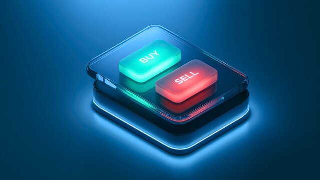 Glowing digital buy and sell buttons on a glass interface representing online financial trading and modern technology