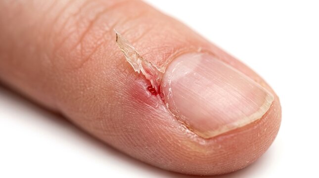 Macro Shot of Bleeding Hangnail and Torn Cuticle Skin on Human Finger